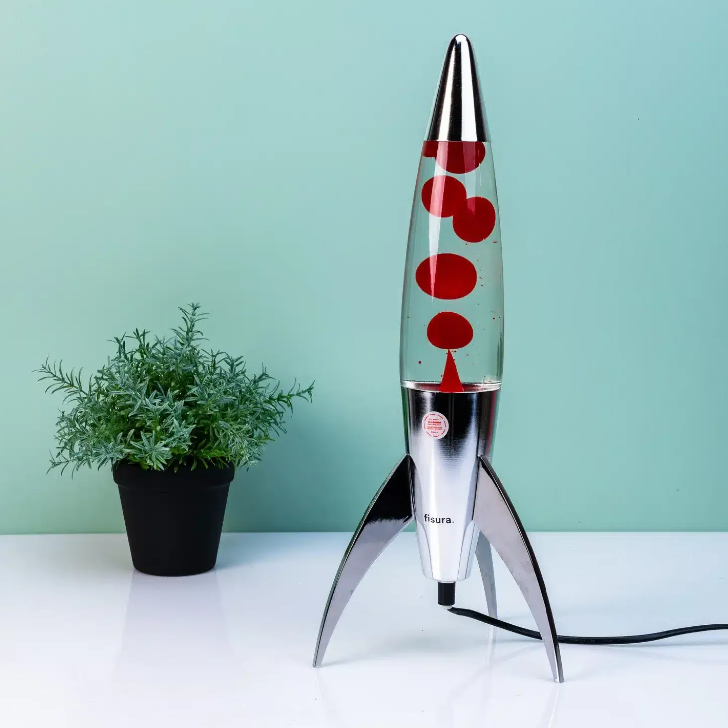 Rocket lavalamp zilver met rode lava