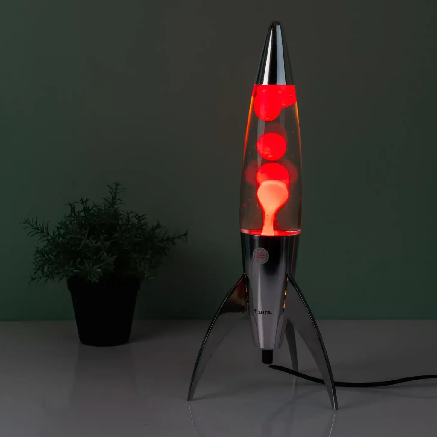 Rocket lavalamp zilver met rode lava